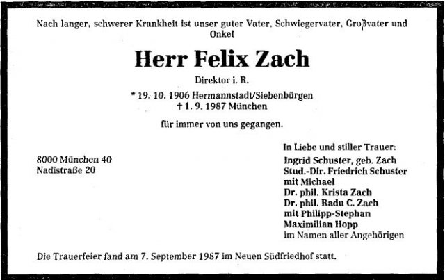 Zach Felix 1906-1987 Todesanzeige